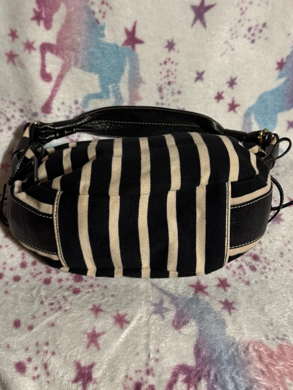 Kate Spade Vintage Black and Cream Striped Hobo Shoulder Bag